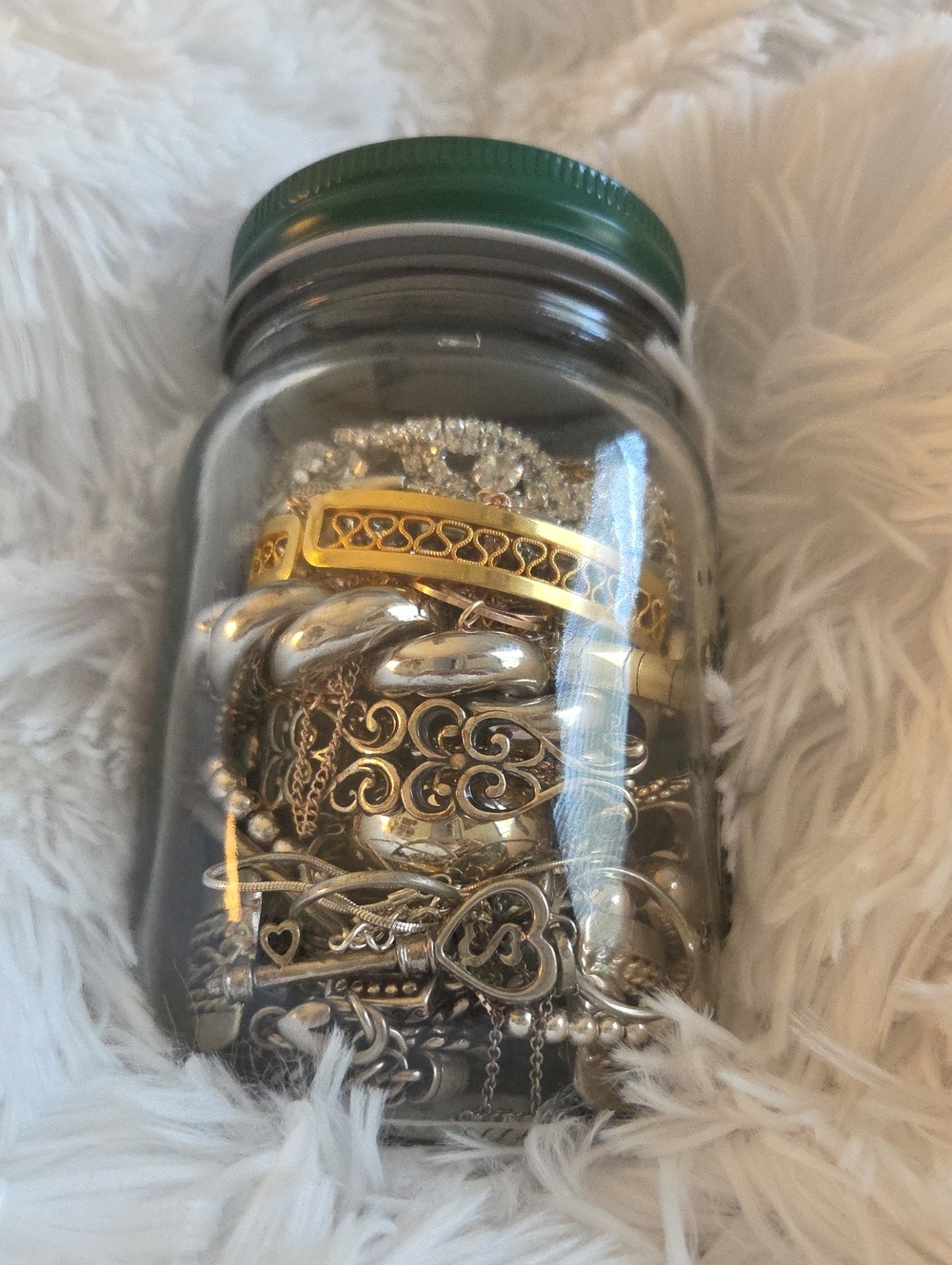 Silver Jewelry Jar with Mixed Silver And Gold Over Silver Jewelry  Pieces